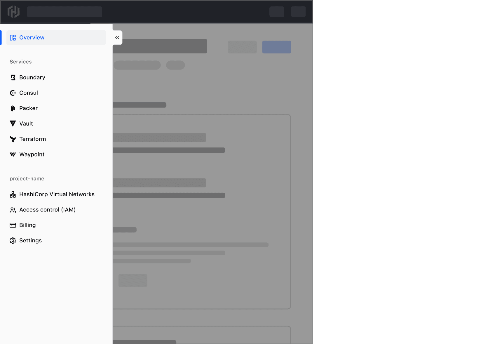 An expanded App Side Nav on a smaller viewport completely blocking the main content with an overlay